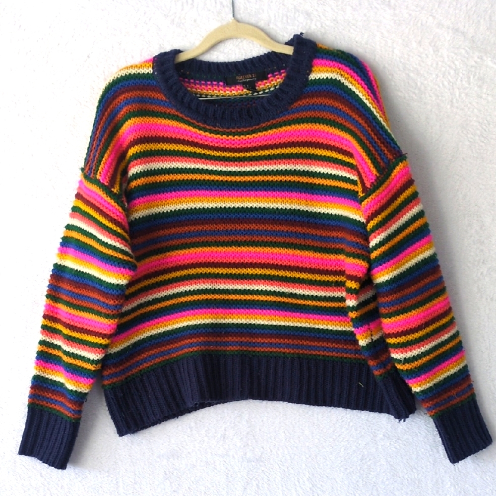 Forever 21 Women's Colorful Rainbow Striped Knit Oversized Sweater Size S